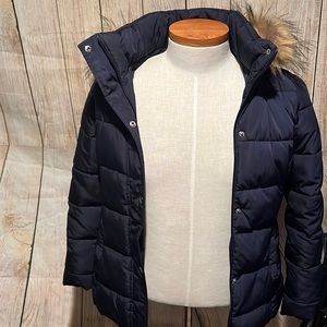 Tommy Hilfiger Women’s Navy Faux-Fur Trim hooded puffer coat size XS